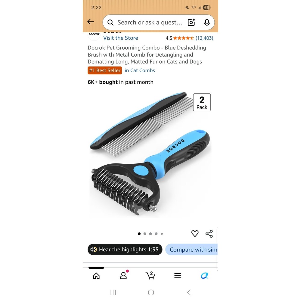 Docrok CJ-D20 Blue Deshedding Brush Metal Comb for Cats Dogs